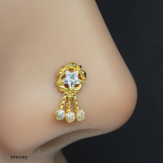 14K Real Gold Nose stud With White Stones with Push Pin