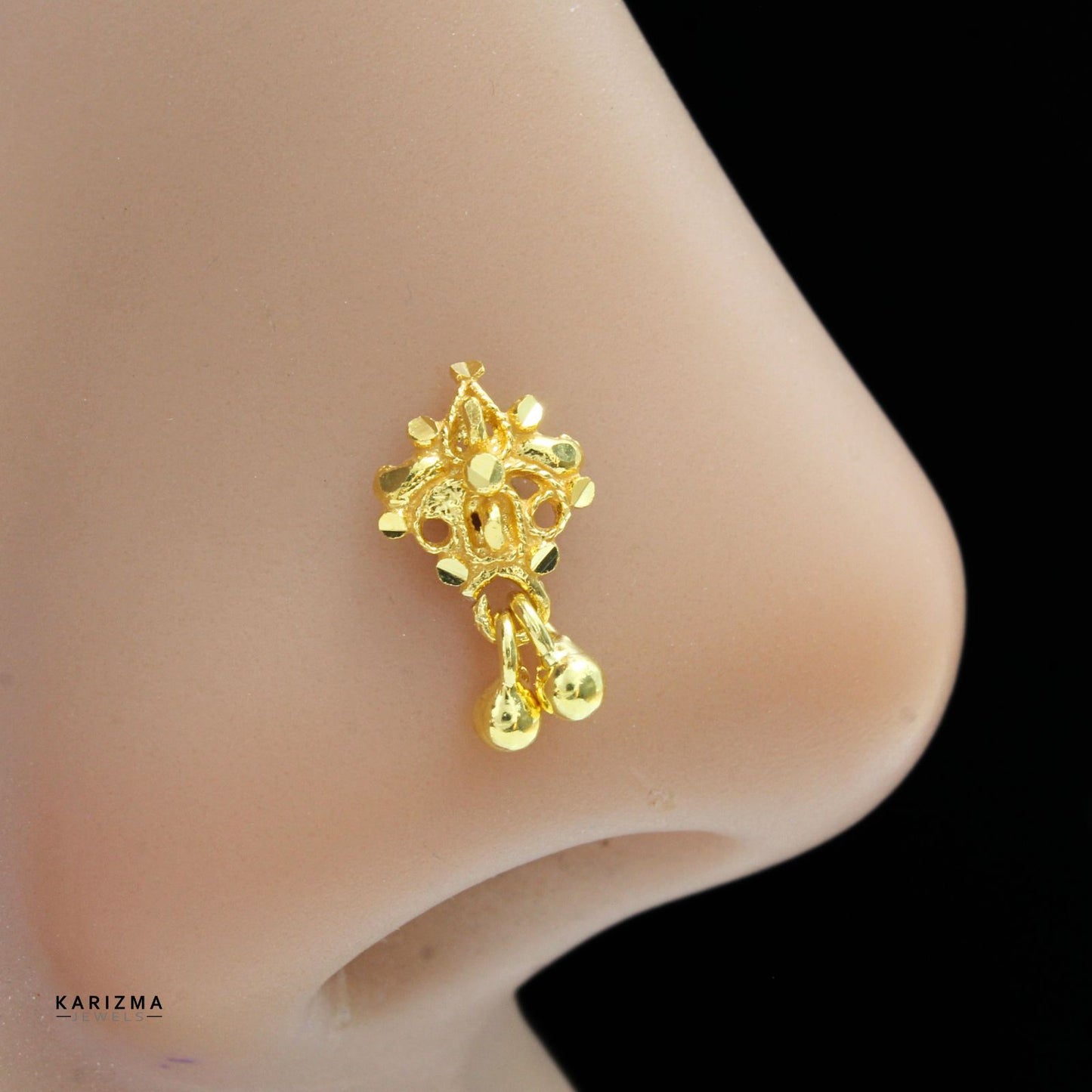 18K Real Gold Indian design Women Dangle Nose pin nose ring Push Pin