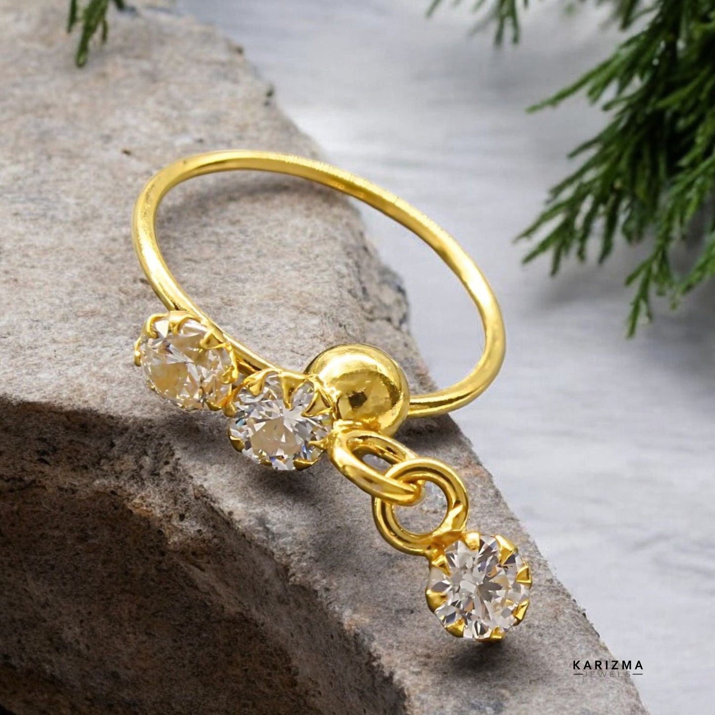 NOZERA 3 Stone CZ Dangle Gold Nose ring