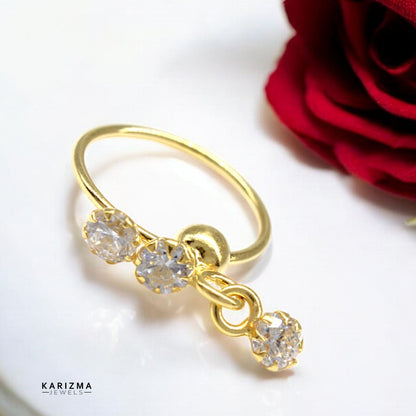 NOZERA 3 Stone CZ Dangle Gold Nose ring