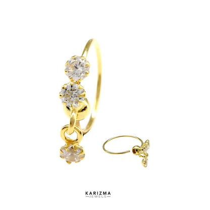 NOZERA 3 Stone CZ Dangle Gold Nose ring