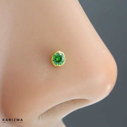 14K Real Gold Women Green CZ daily wear Nose Pin nose ring Push Pin