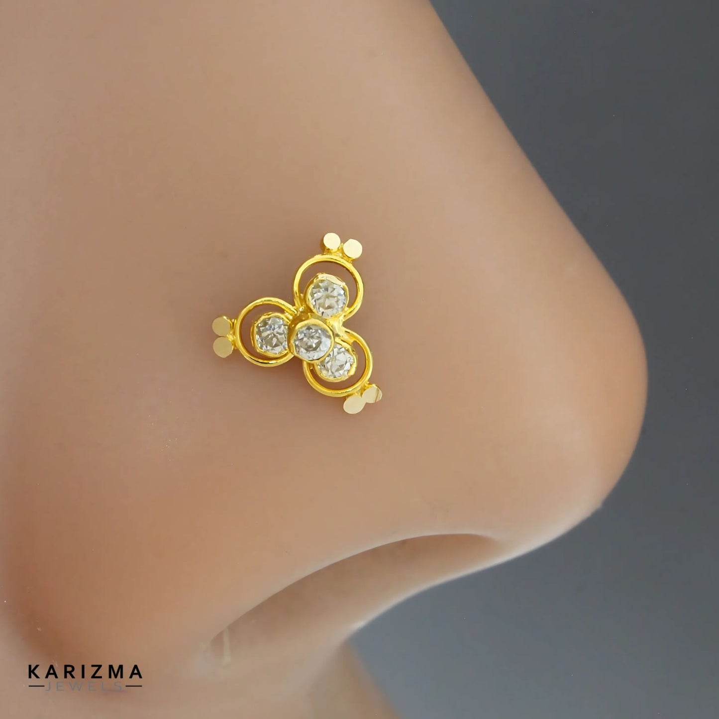 14K Real Gold Women White CZ floral style Nose Pin nose ring Push Pin