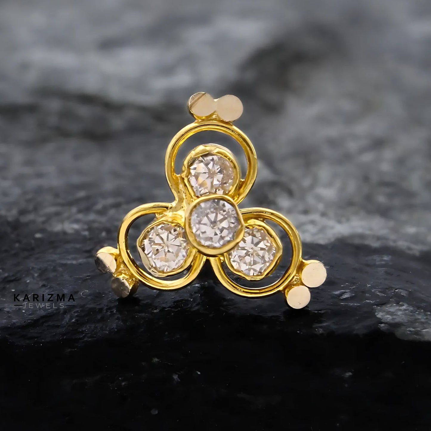 14K Real Gold Women White CZ floral style Nose Pin nose ring Push Pin