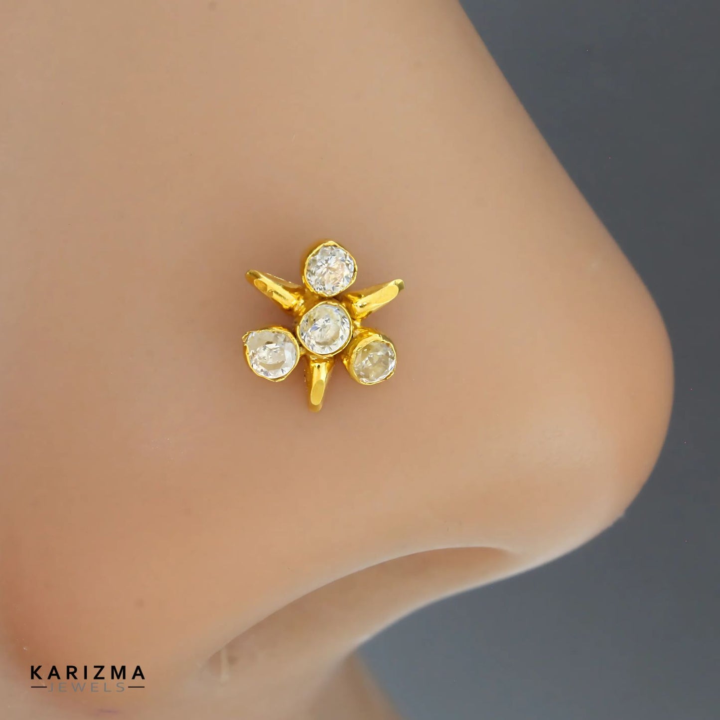 14K Real Gold Women White CZ cultural design Nose Pin nose ring Push Pin
