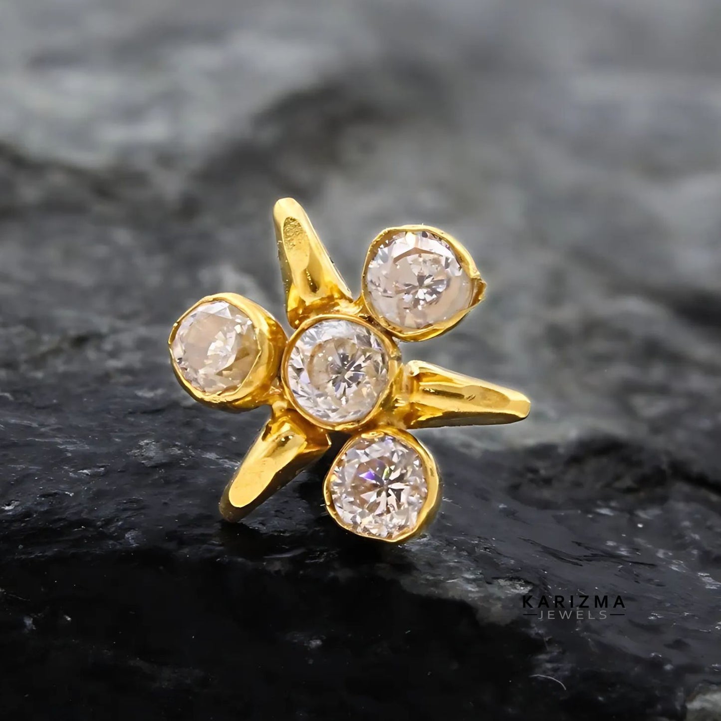 14K Real Gold Women White CZ cultural design Nose Pin nose ring Push Pin