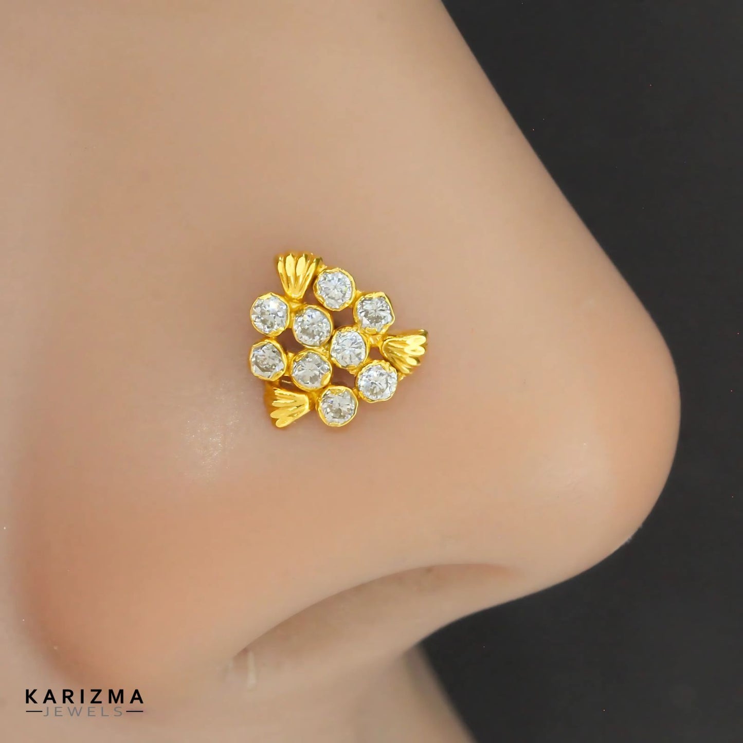 Trendy 14K Real Gold Women White CZ Nose Pin nose ring Push Pin