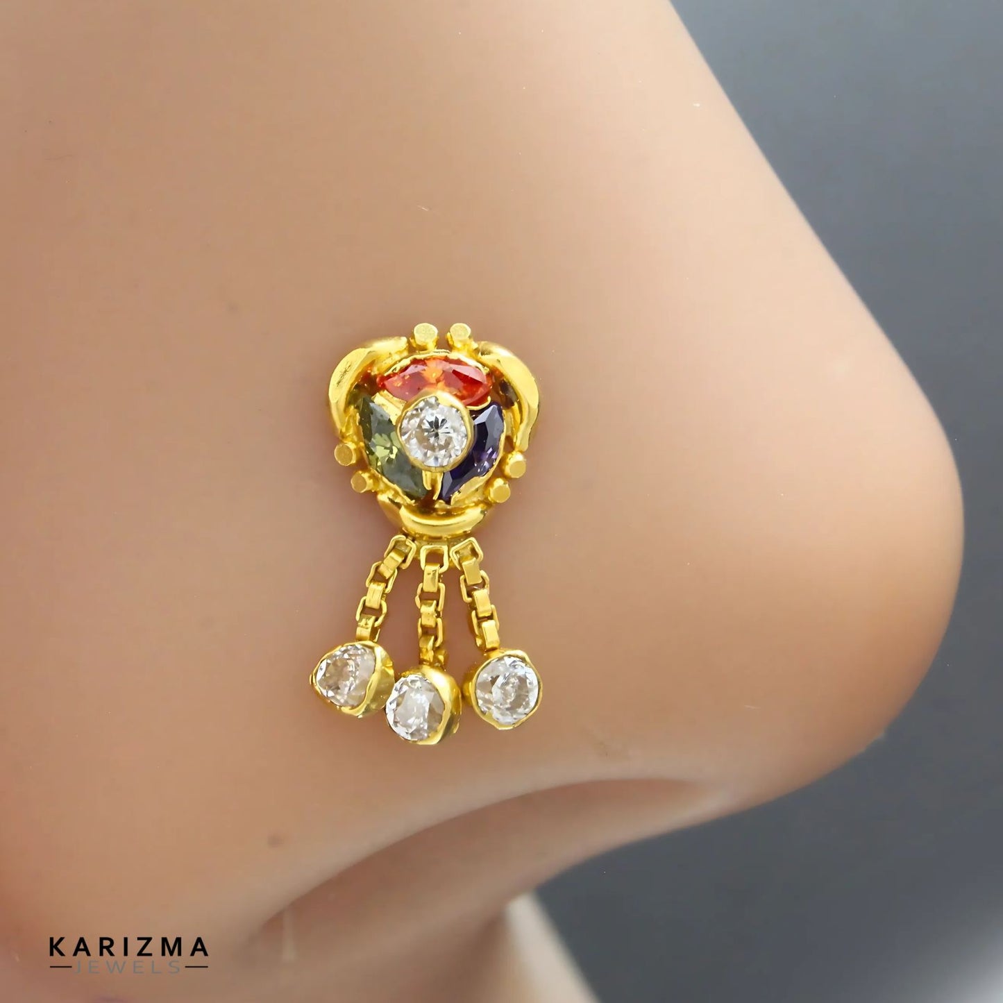 14K Real Gold Women Multi CZ dangle Excellent Nose Pin nose ring Push Pin