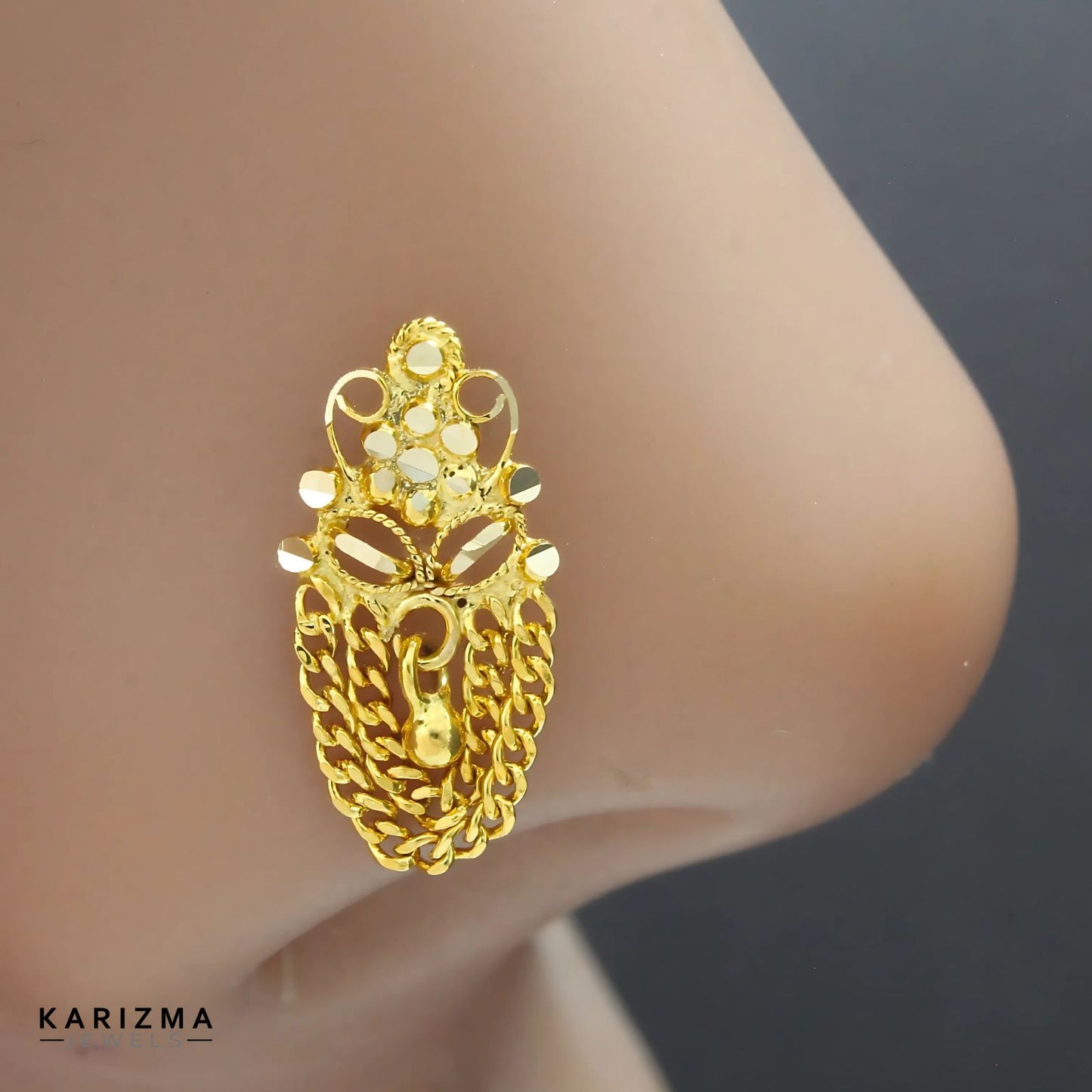 14k Real Gold Women dangle cultural design Nose Pin Push Pin