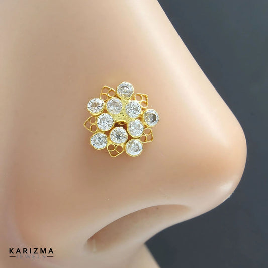 Floral 14K Real Gold Women White CZ Nose Pin nose ring Push Pin