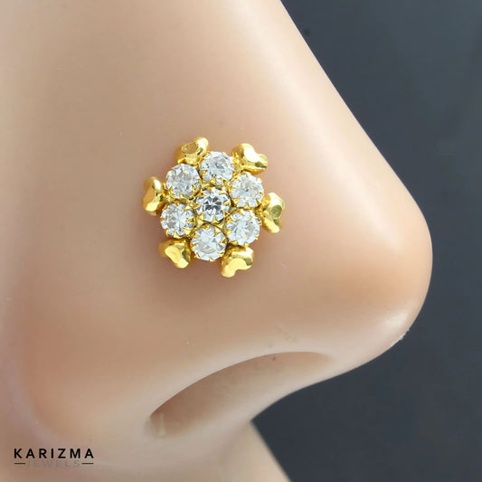 Floral design 14K Real Gold Women White CZ Nose Pin nose ring Push Pin