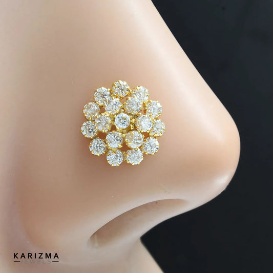 Wedding style 14K Real Gold Women White CZ Nose Pin nose ring Push Pin