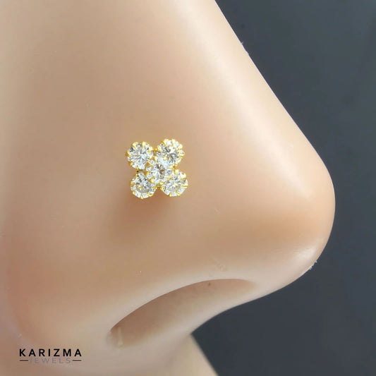 14K Real Gold Women White CZ daily wear Nose Pin nose ring Push Pin