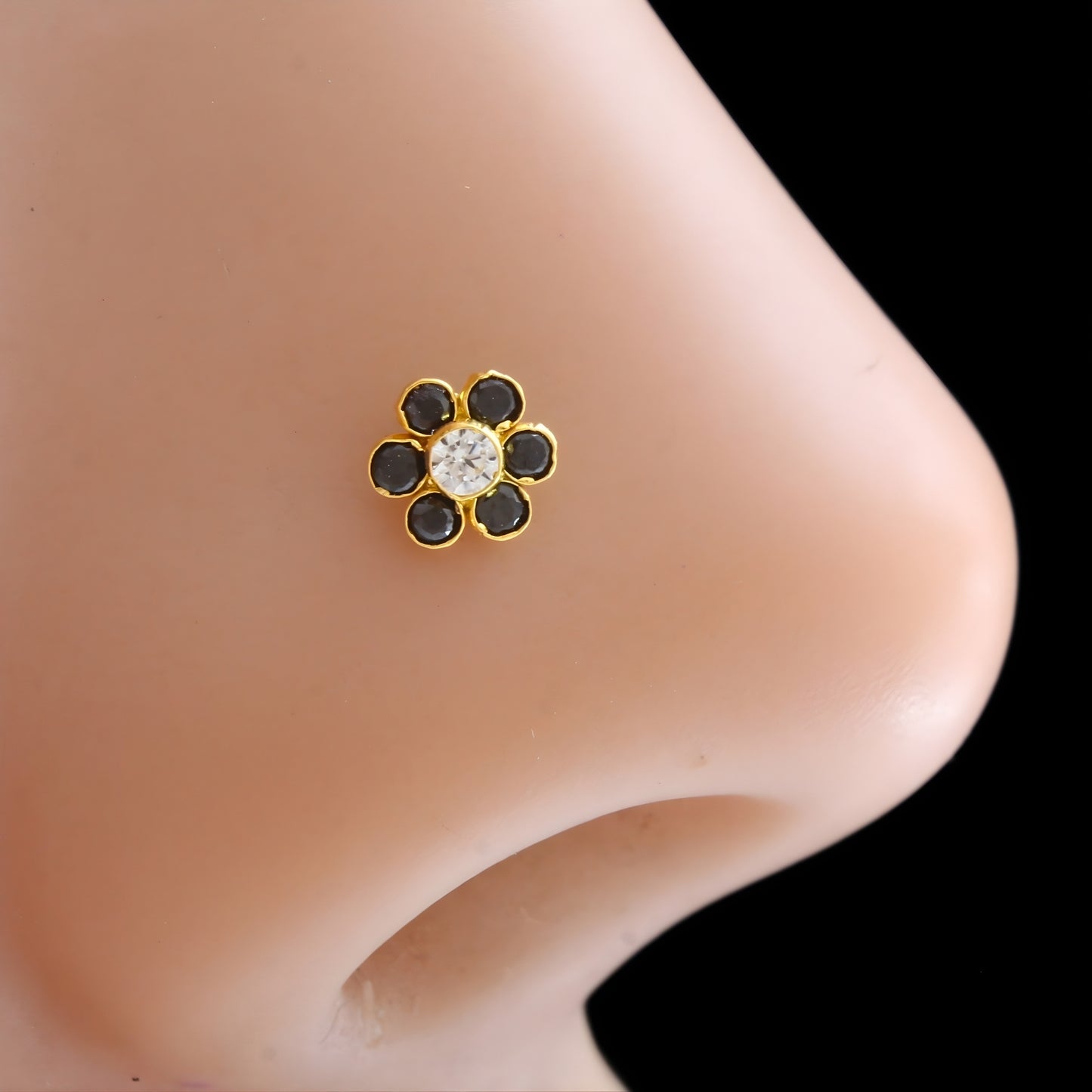 Small 18K Real Gold Black White CZ Nose pin nose ring Push Pin