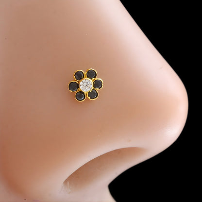 Small 18K Real Gold Black White CZ Nose pin nose ring Push Pin