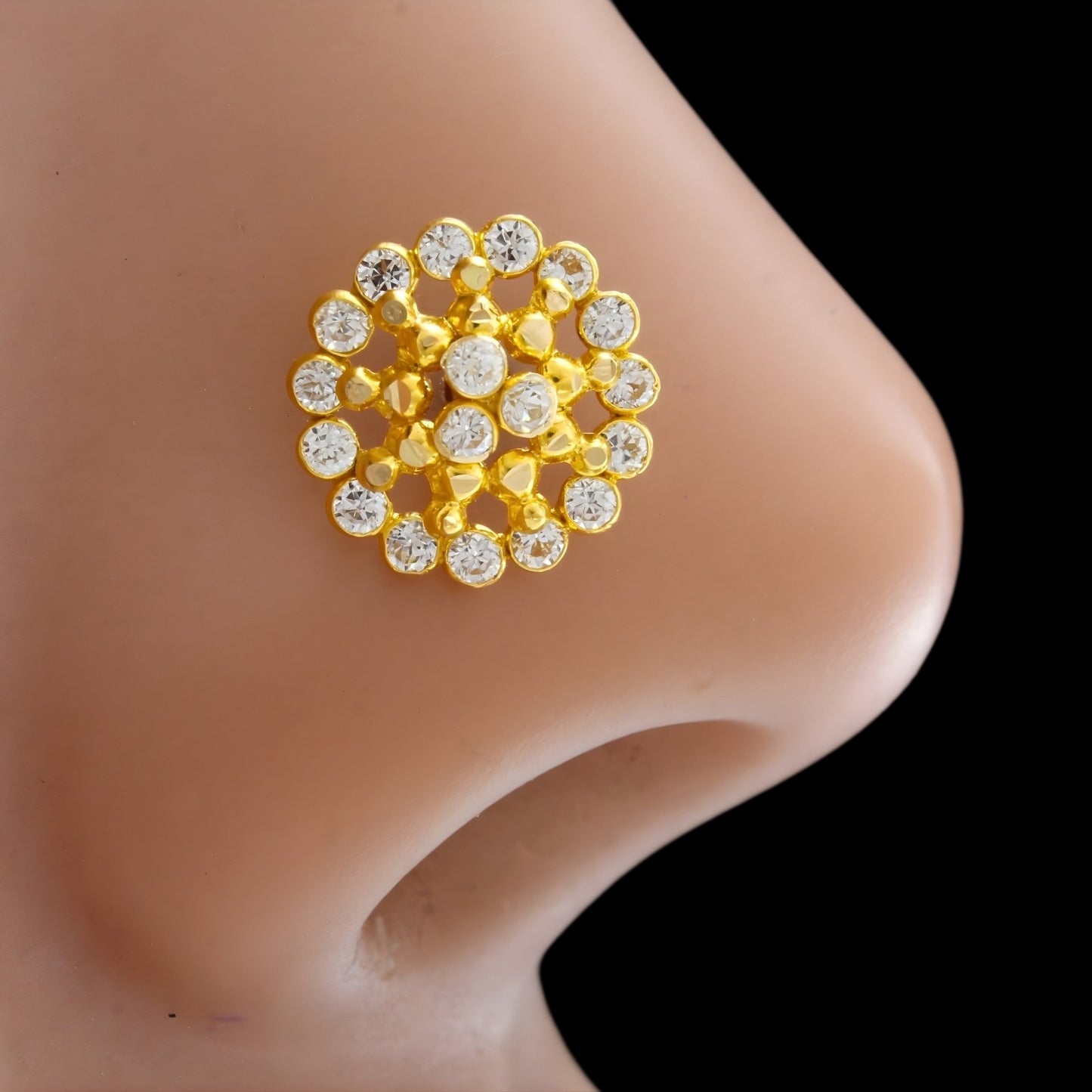 18K Real Gold White CZ Wheel Nose Ring Push Pin Nose Pin