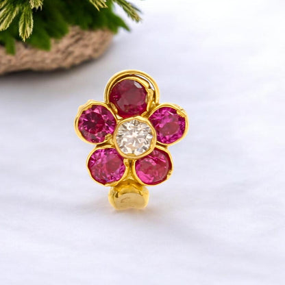 Tiny 18K Real Gold Bloom White CZ Nose Ring Push Pin Nose Pin