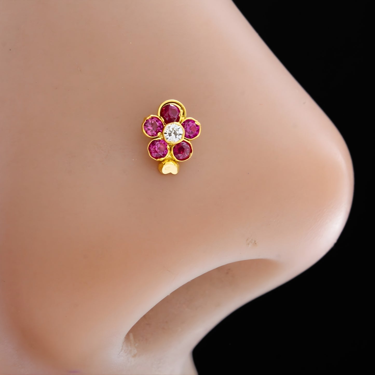 Tiny 18K Real Gold Bloom White CZ Nose Ring Push Pin Nose Pin