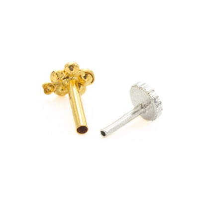 Tiny 18K Real Gold Bloom White CZ Nose Ring Push Pin Nose Pin