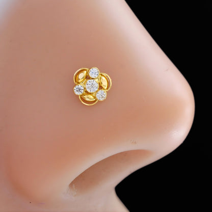 Small 18K Real Gold White CZ Nose Pin nose ring Push Pin