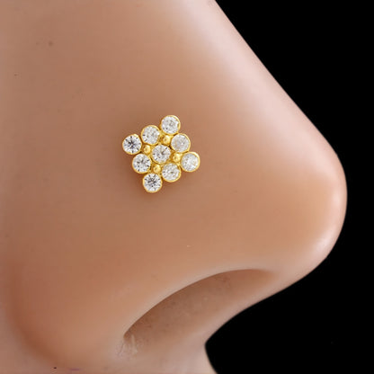Divine 18K Real Gold White CZ Nose pin nose ring Push Pin