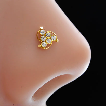 Cute 18K Real Gold White CZ Nose stud pin ring Push Pin