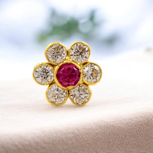 Tiny Floral 18K Real Gold Pink White CZ Nose pin nose ring Push Pin