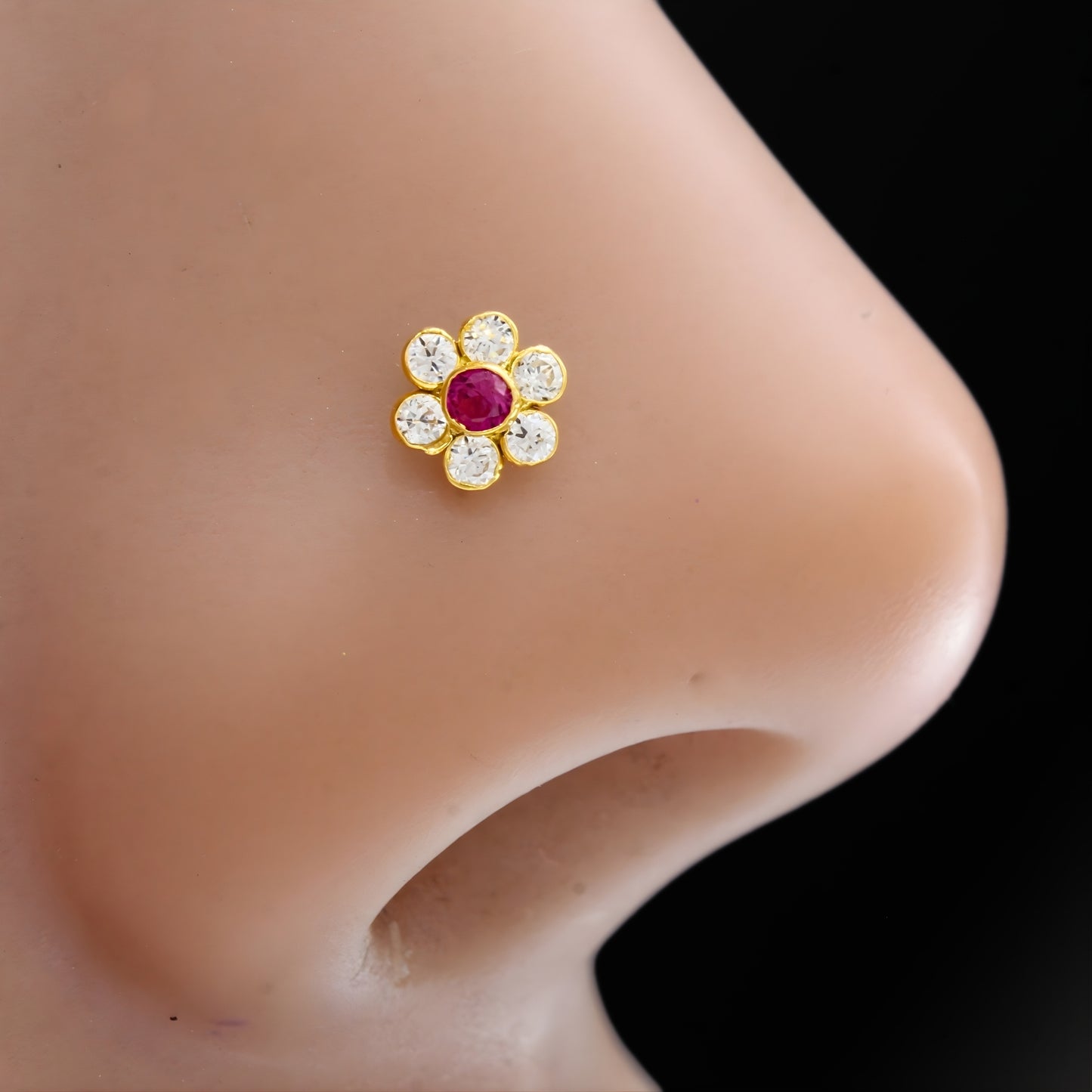 Tiny Floral 18K Real Gold Pink White CZ Nose pin nose ring Push Pin