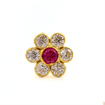 Tiny Floral 18K Real Gold Pink White CZ Nose pin nose ring Push Pin