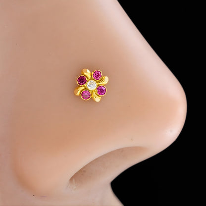 18K Real Gold Pink White CZ Square Nose pin nose ring Push Pin