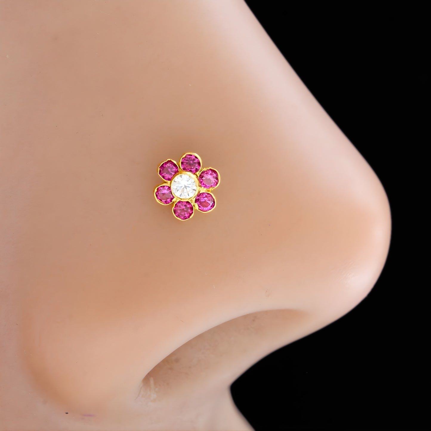 Small 18K Real Gold Pink White CZ Nose pin nose ring Push Pin