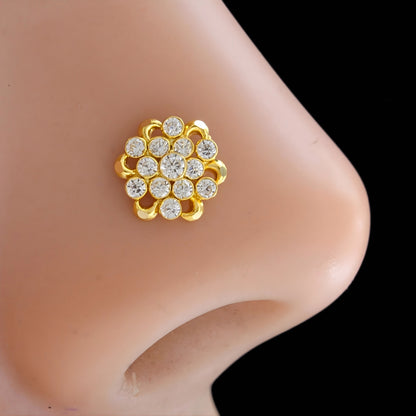 Floral 18K Real Gold White CZ Nose pin nose ring Push Pin