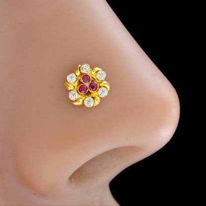 Flower 18K Real Gold Pink White CZ Nose pin nose ring Push Pin