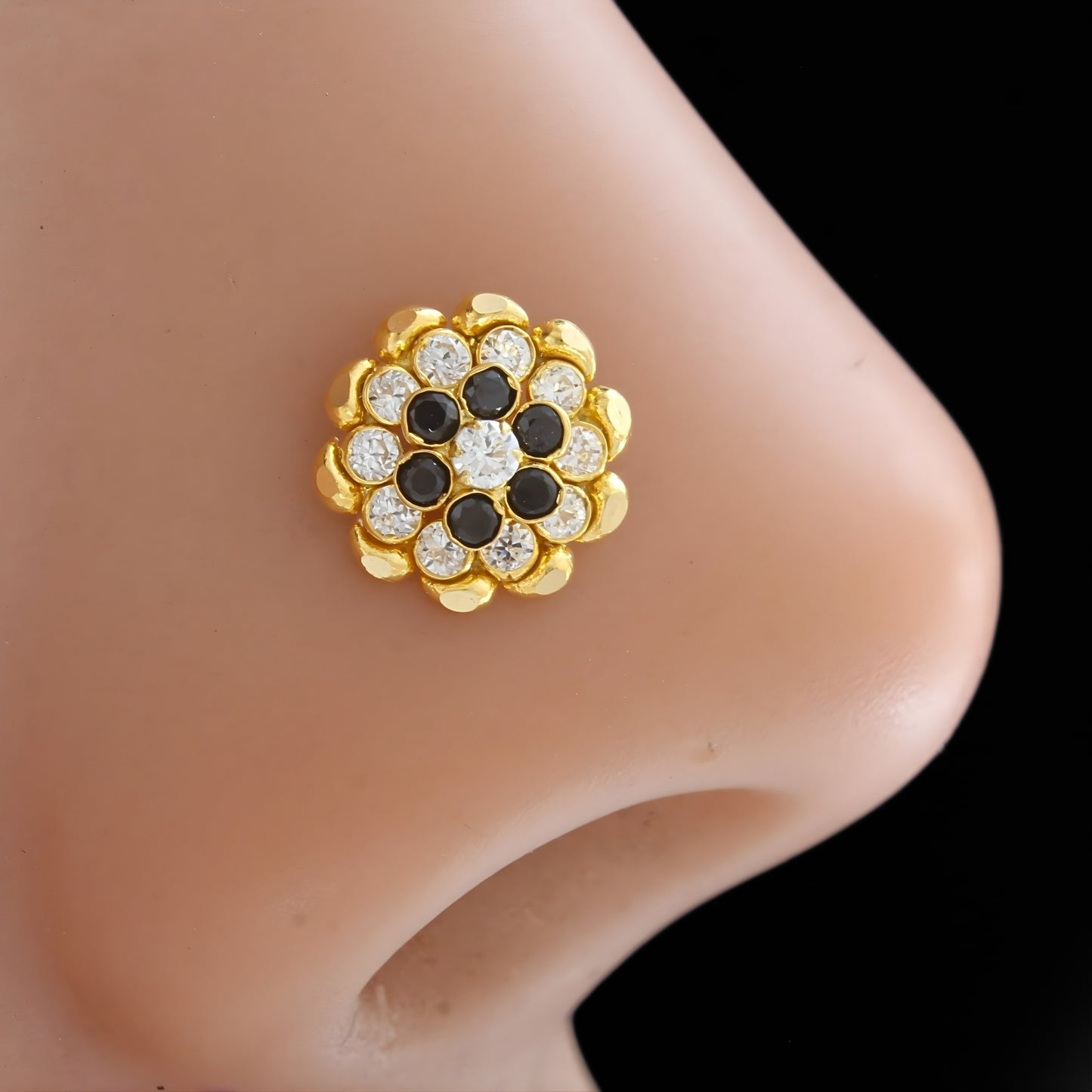 18K Real Gold Black White CZ Bloom Nose pin nose ring Push Pin