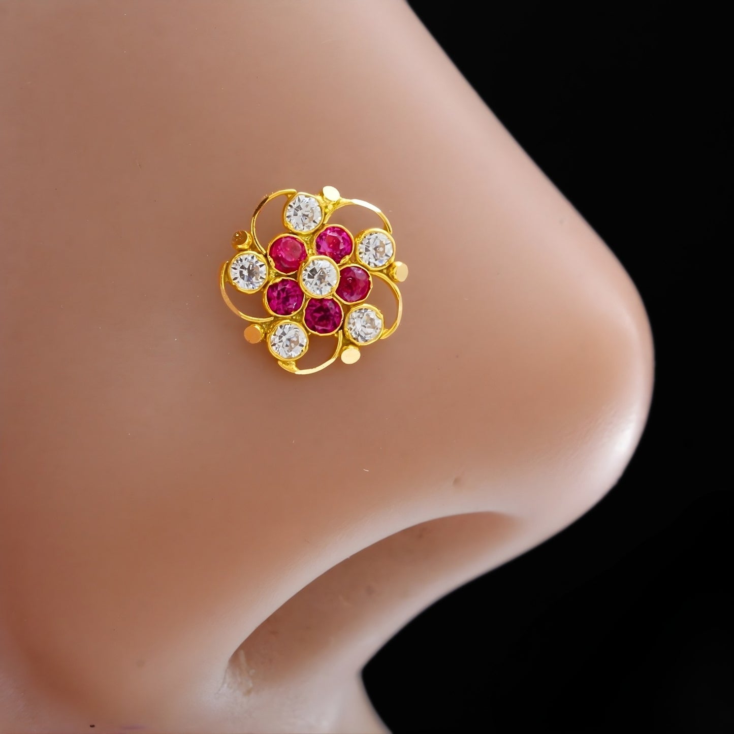 Cute 18K Real Gold Pink White CZ Nose Pin nose ring Push Pin