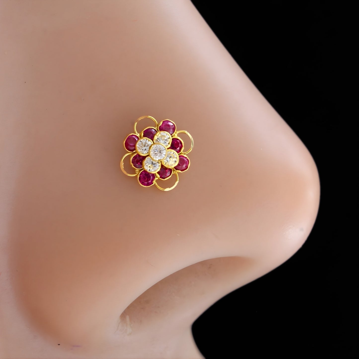 Floral 18K Real Gold Pink White CZ Nose Pin nose ring Push Pin