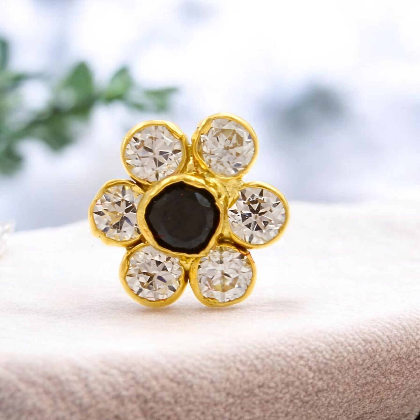 Tiny 18K Real Gold Black and White CZ Flower Nose Pin