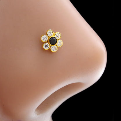 Tiny 18K Real Gold Black and White CZ Flower Nose Pin