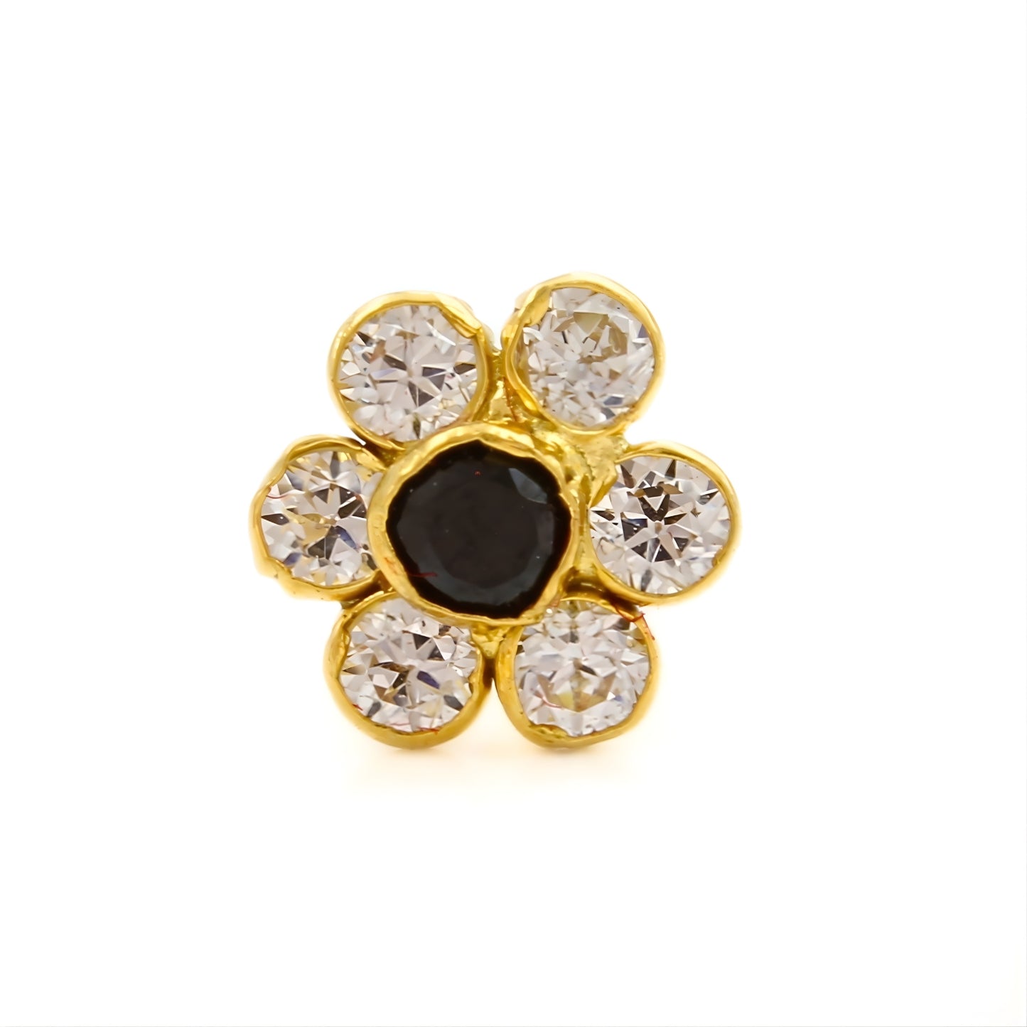 Tiny 18K Real Gold Black and White CZ Flower Nose Pin