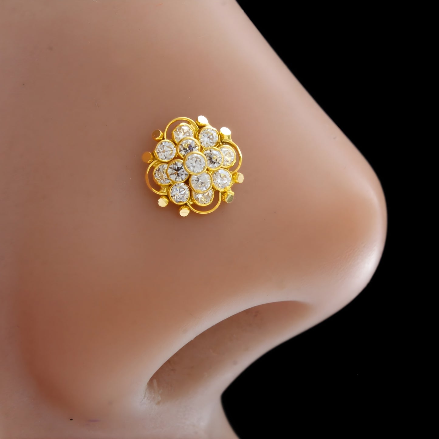 18K Real Gold Floral White CZ Push Pin Nose Pin