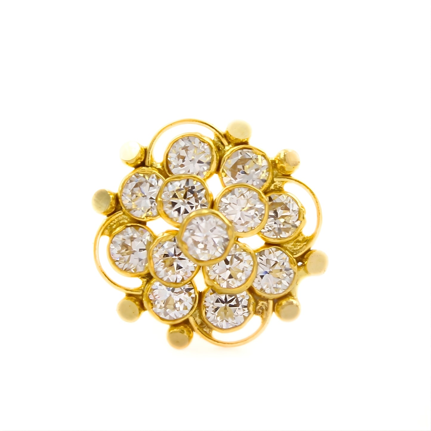 18K Real Gold Floral White CZ Push Pin Nose Pin