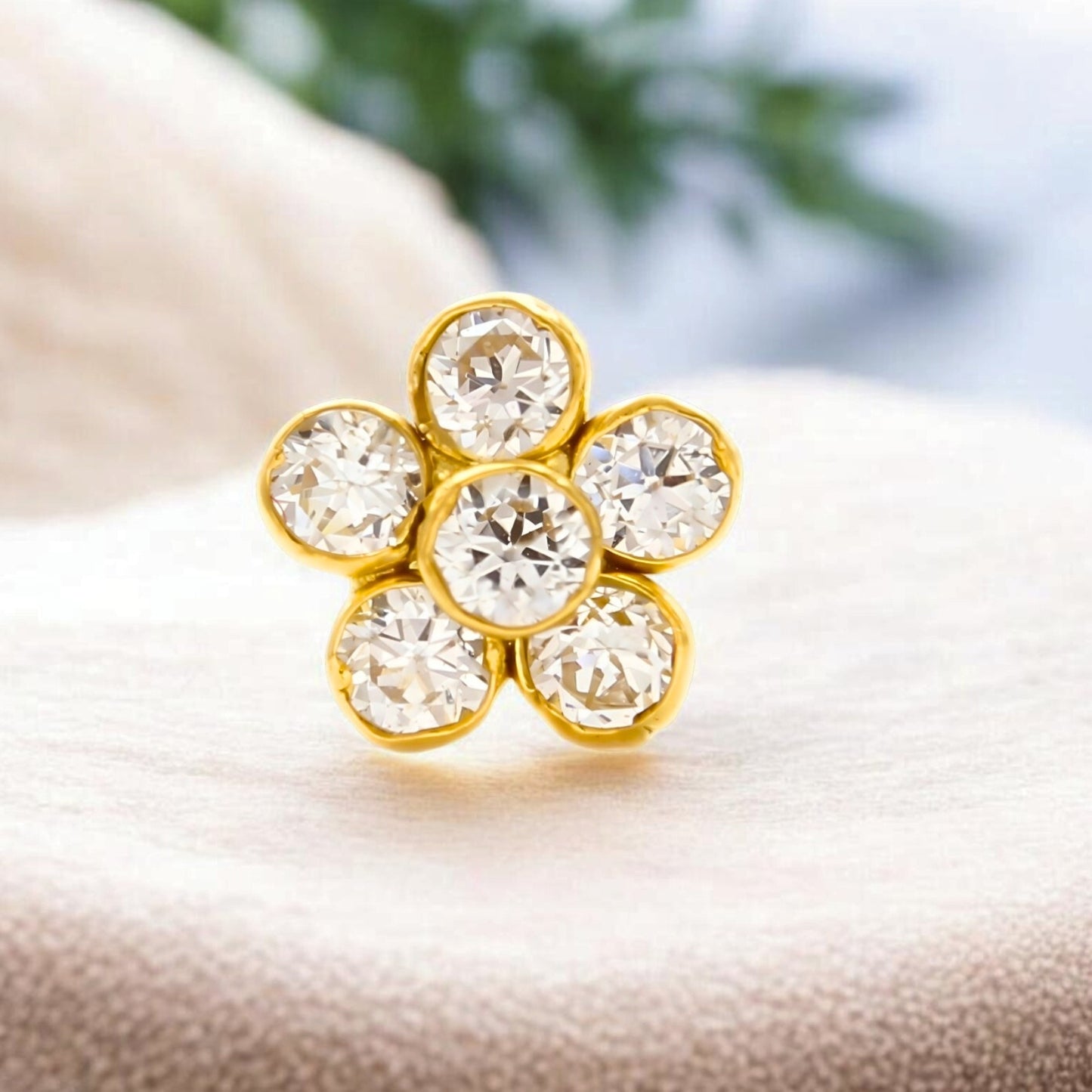 Small 18K Real Gold Floral White CZ Push Pin Nose Pin