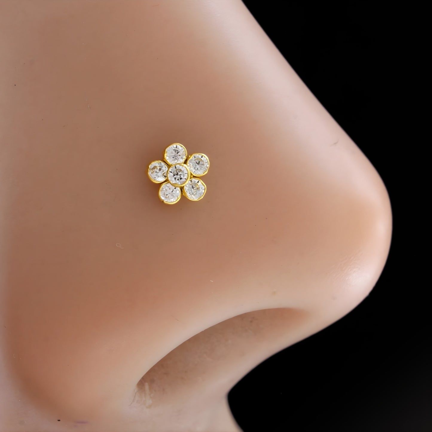 Small 18K Real Gold Floral White CZ Push Pin Nose Pin
