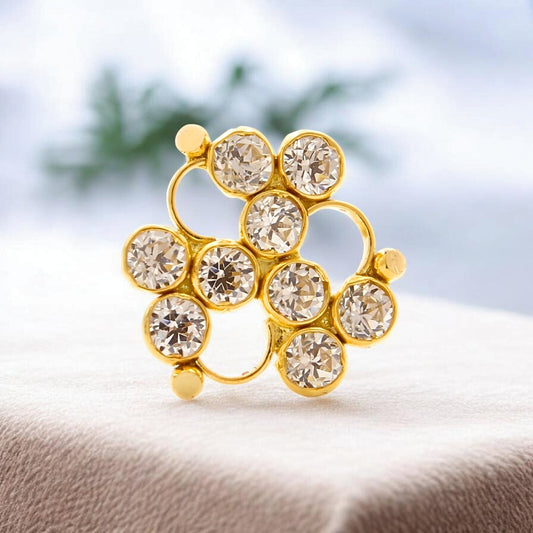 18K Real Gold Floral Cluster White CZ Push Pin Nose Pin