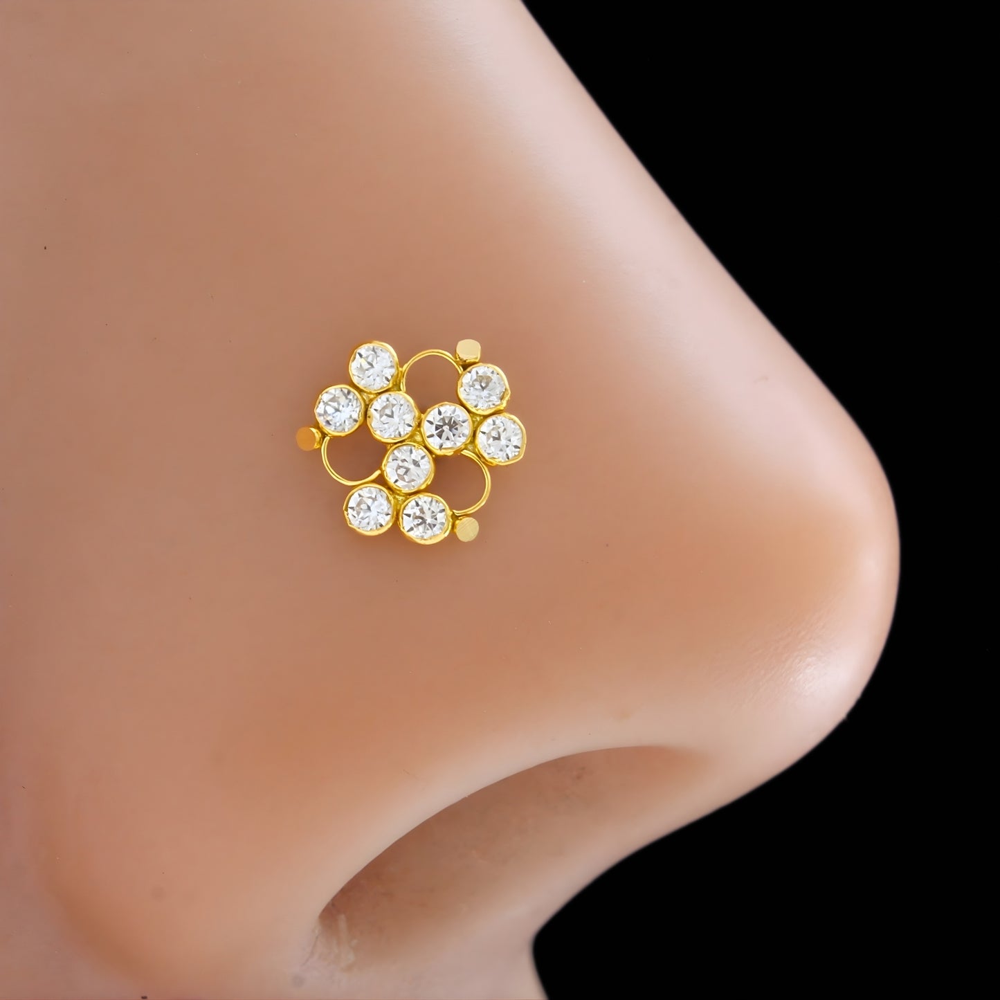 18K Real Gold Floral Cluster White CZ Push Pin Nose Pin