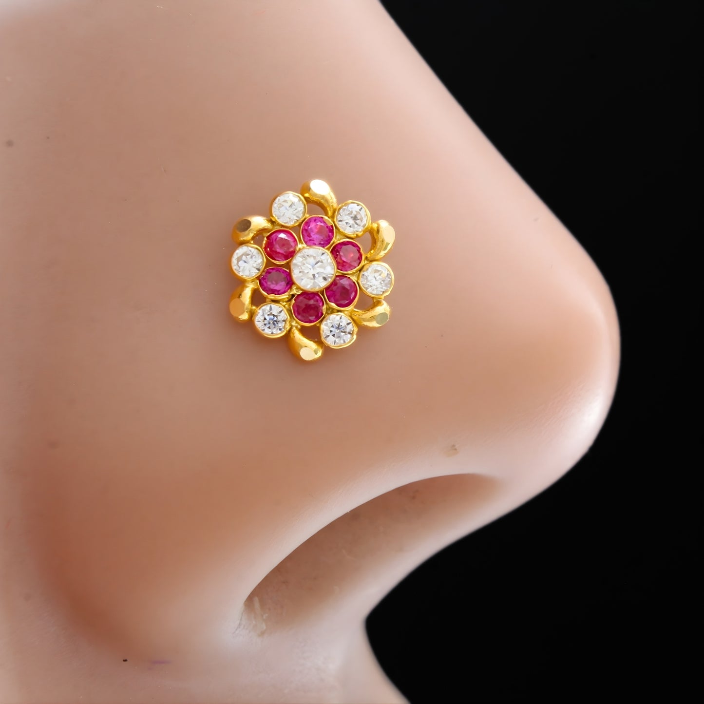 Party Wear 18K Real Gold Pink and White CZ Push Pin Nose Pin