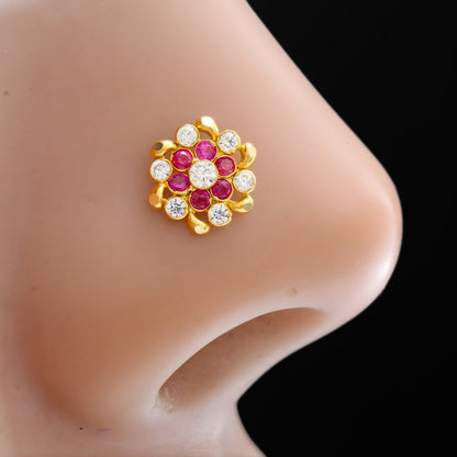 Party Wear 18K Real Gold Pink and White CZ Push Pin Nose Pin