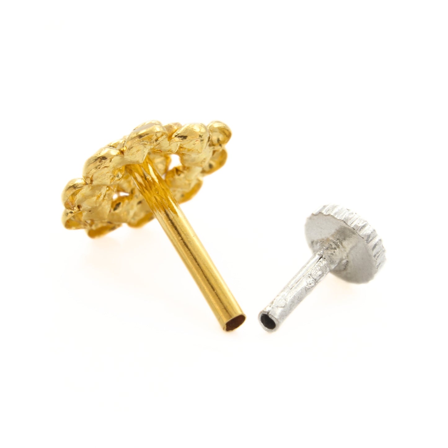 Party Wear 18K Real Gold Pink and White CZ Push Pin Nose Pin