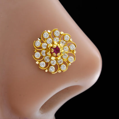 Big 18K Real Gold Pink White CZ Push Pin Nose Pin