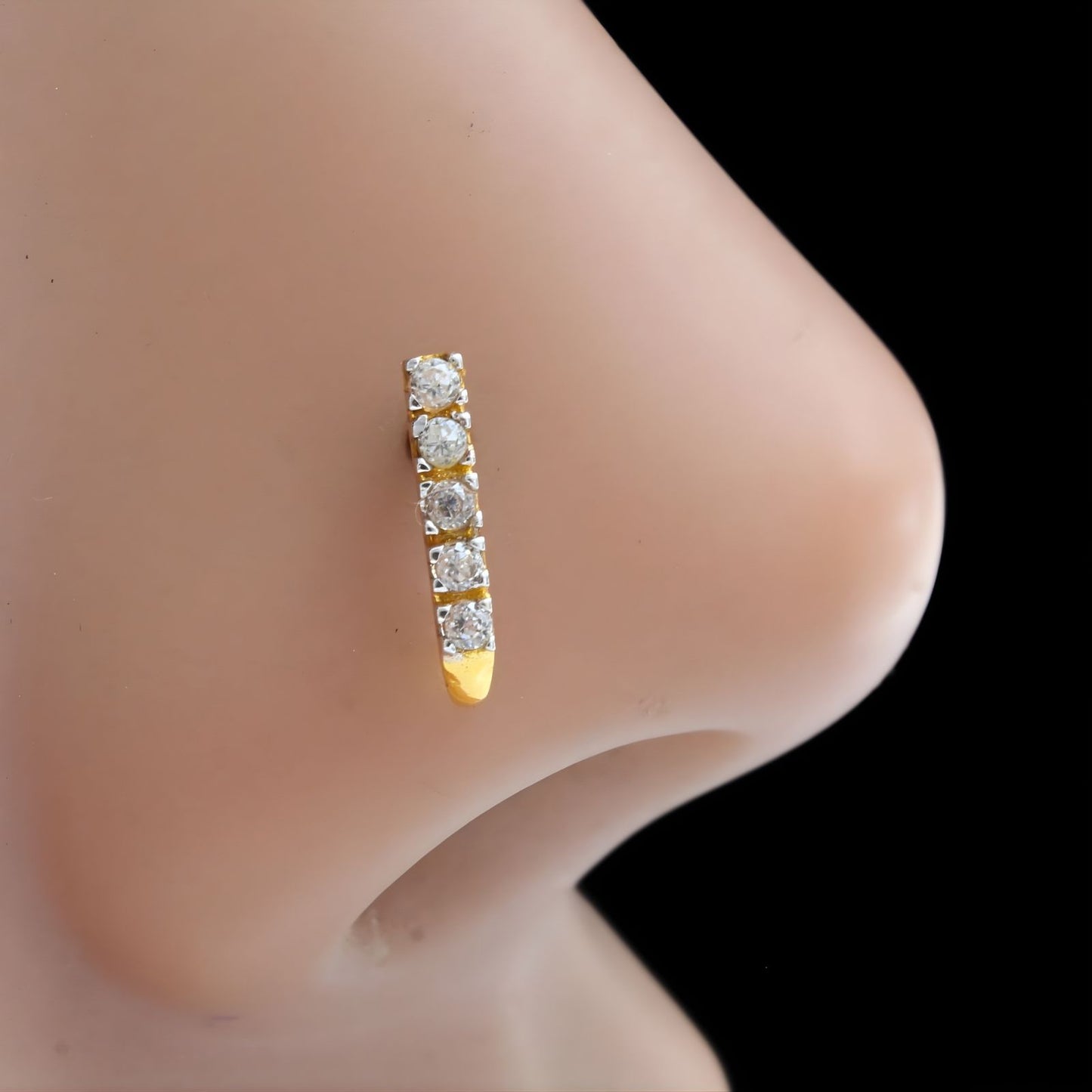 Vertical 18K Real Gold White CZ Nose pin nose ring Push Pin